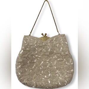 Vtg Mister Ernest beaded wedding bag ivory starburst detail brass tone hardware